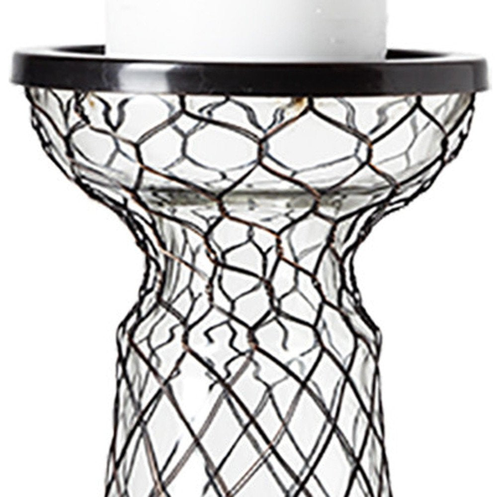 11" Black Distressed Lattice Metal And Glass Tabletop Pillar Candle Holder