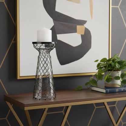 11" Black Distressed Lattice Metal And Glass Tabletop Pillar Candle Holder