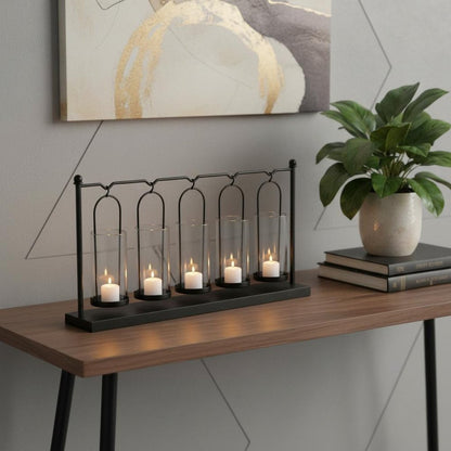 13" Black Geometric Metal And Glass Tabletop Votive Candle Holder