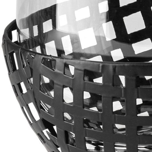 8" Black Woven Metal And Glass Tabletop Hurricane Candle Holder