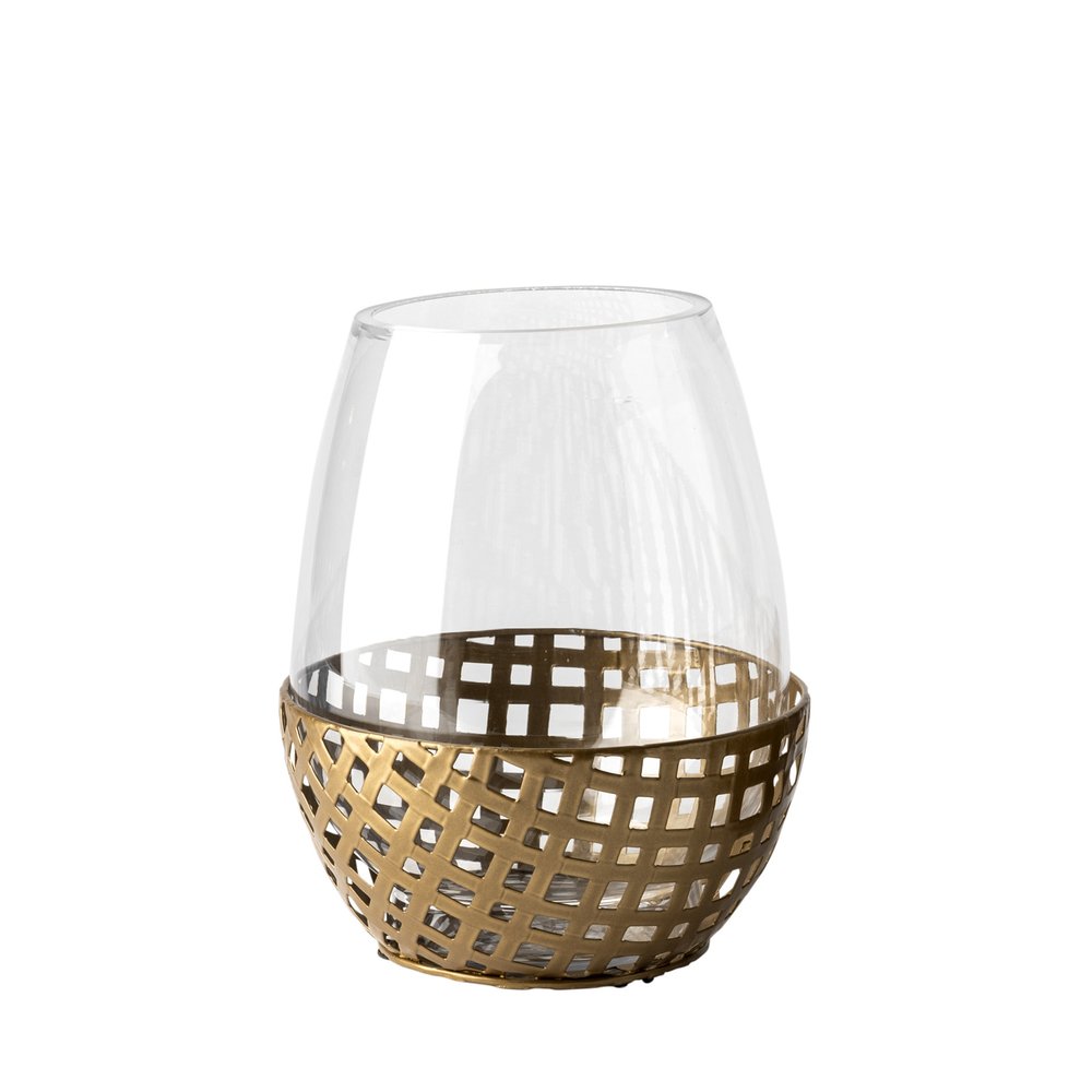 8" Gold Woven Metal And Glass Tabletop Hurricane Candle Holder