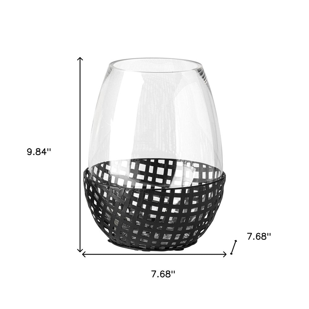 10" Black Woven Metal And Glass Tabletop Hurricane Candle Holder