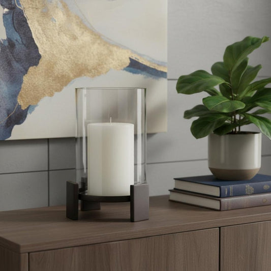 12" Black Glass Abstract Tabletop Hurricane Candle Holder