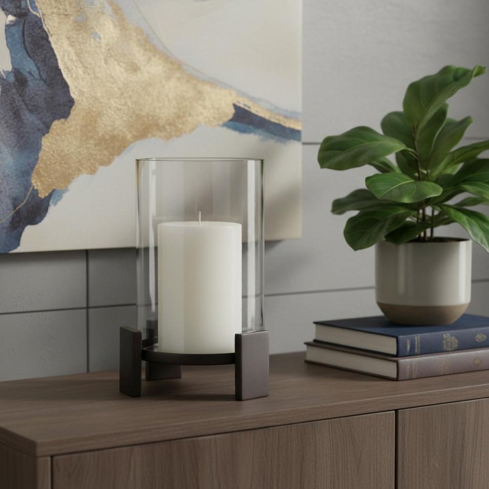 12" Black Glass Abstract Tabletop Hurricane Candle Holder