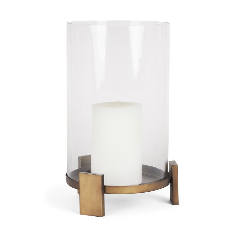 14" Antiqued Gold Geometric Glass And Metal Tabletop Hurricane Candle Holder