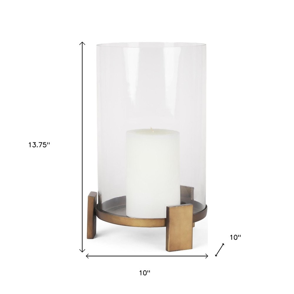 14" Antiqued Gold Geometric Glass And Metal Tabletop Hurricane Candle Holder