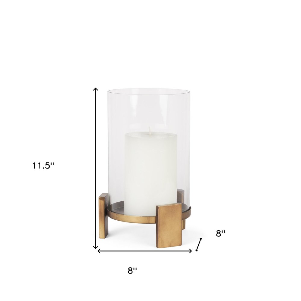 12" Gold Geometric Glass And Metal Tabletop Hurricane Candle Holder