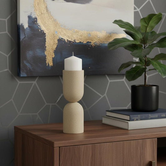 11" Beige Metal Tabletop Pillar Candle Holder