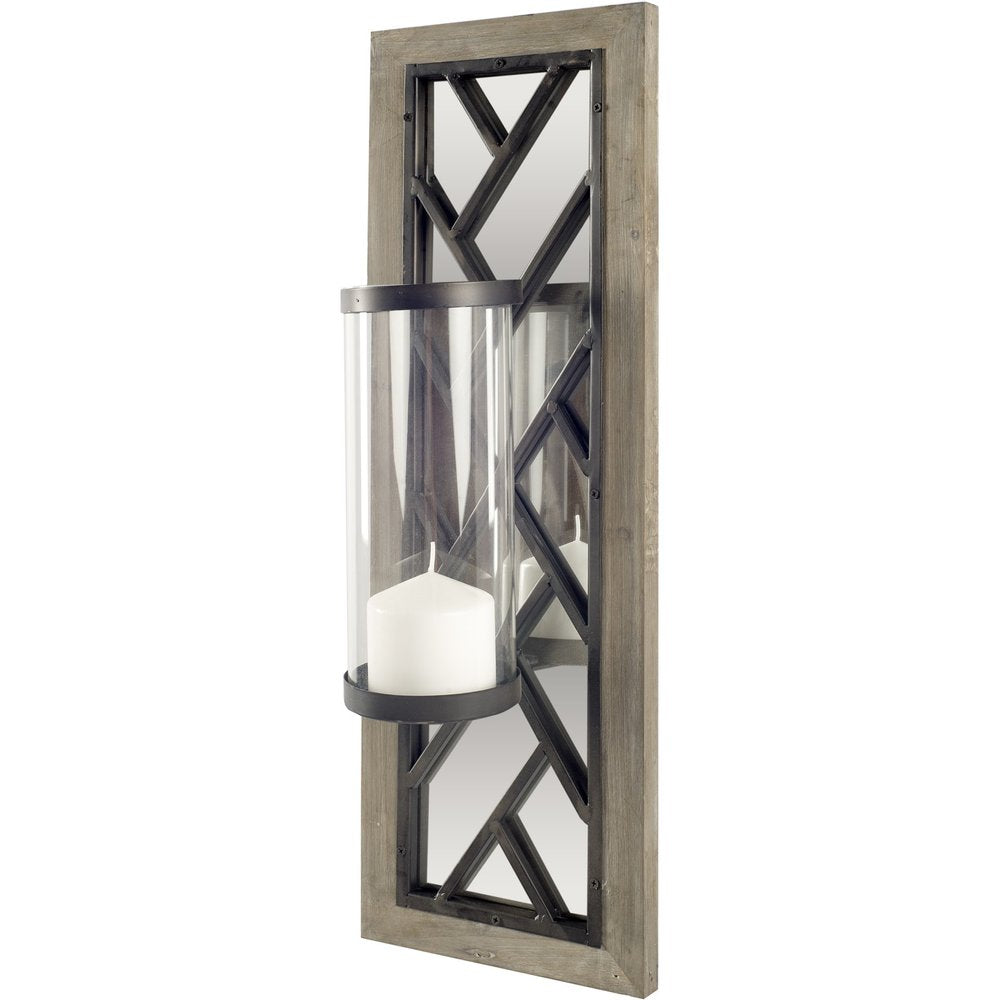 24" Black Distressed Mirrored Metal Glass And Solid Wood Wall Sconce Candle Holder