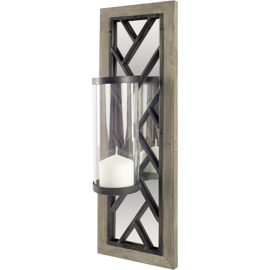 24" Black Distressed Mirrored Metal Glass And Solid Wood Wall Sconce Candle Holder