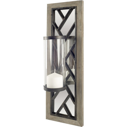 24" Black Distressed Mirrored Metal Glass And Solid Wood Wall Sconce Candle Holder