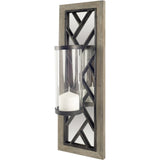 24" Black Distressed Mirrored Metal Glass And Solid Wood Wall Sconce Candle Holder