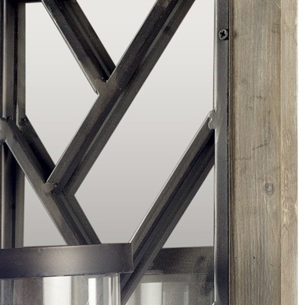 24" Black Distressed Mirrored Metal Glass And Solid Wood Wall Sconce Candle Holder