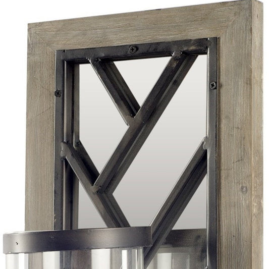 24" Black Distressed Mirrored Metal Glass And Solid Wood Wall Sconce Candle Holder