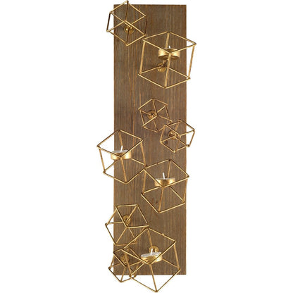 22" Brass Distressed Geometric Brass And Solid Wood Wall Sconce Candle Holder