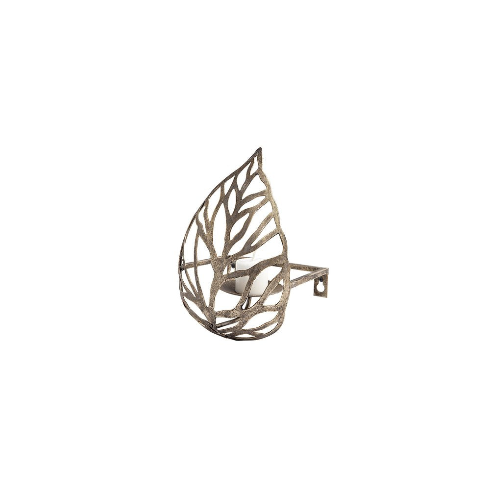 8" Champagne Distressed Botanical Leaf Metal Wall Sconce Candle Holder