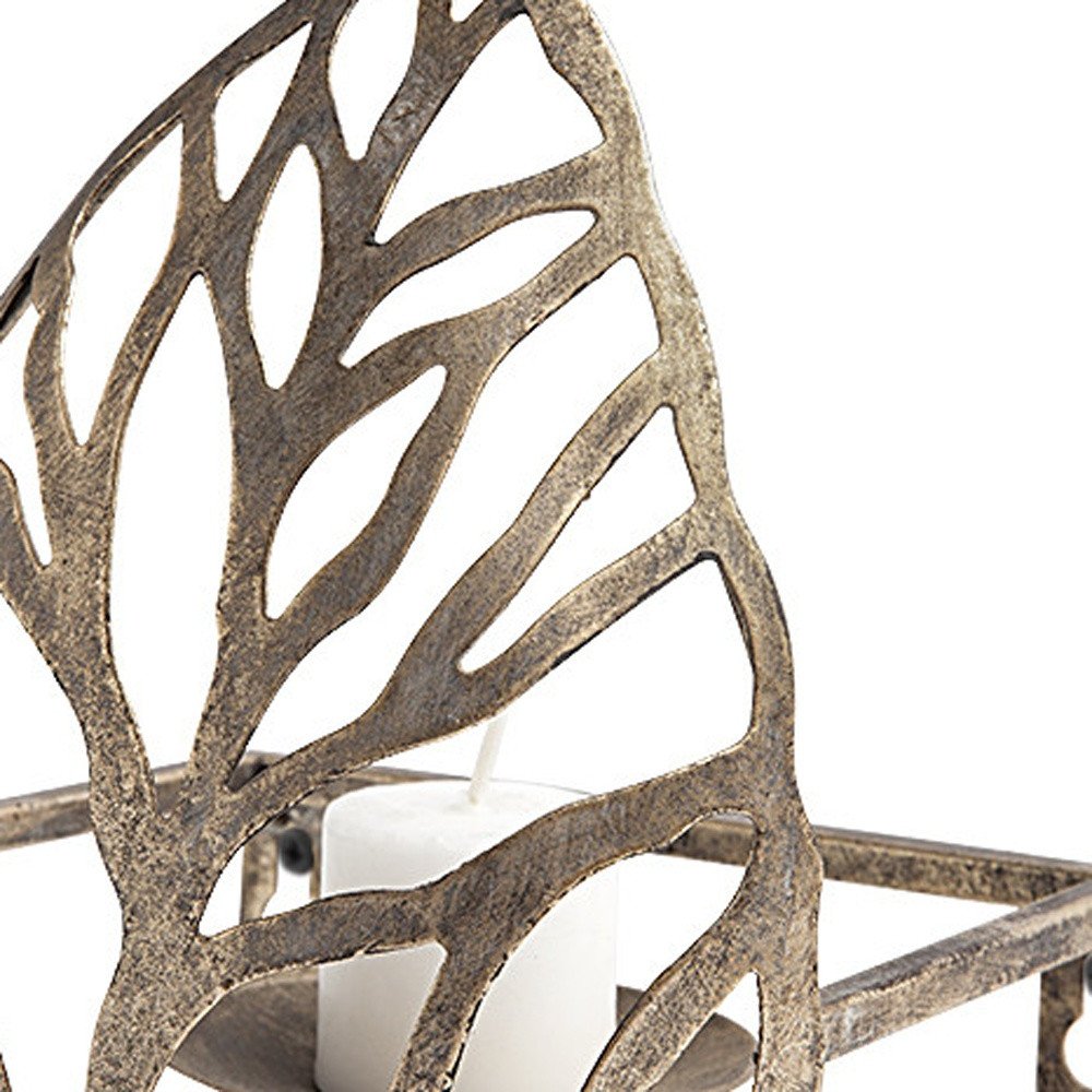 8" Champagne Distressed Botanical Leaf Metal Wall Sconce Candle Holder