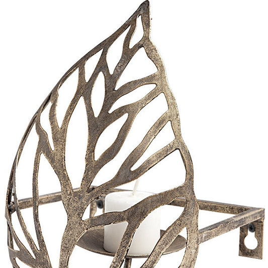 8" Champagne Distressed Botanical Leaf Metal Wall Sconce Candle Holder