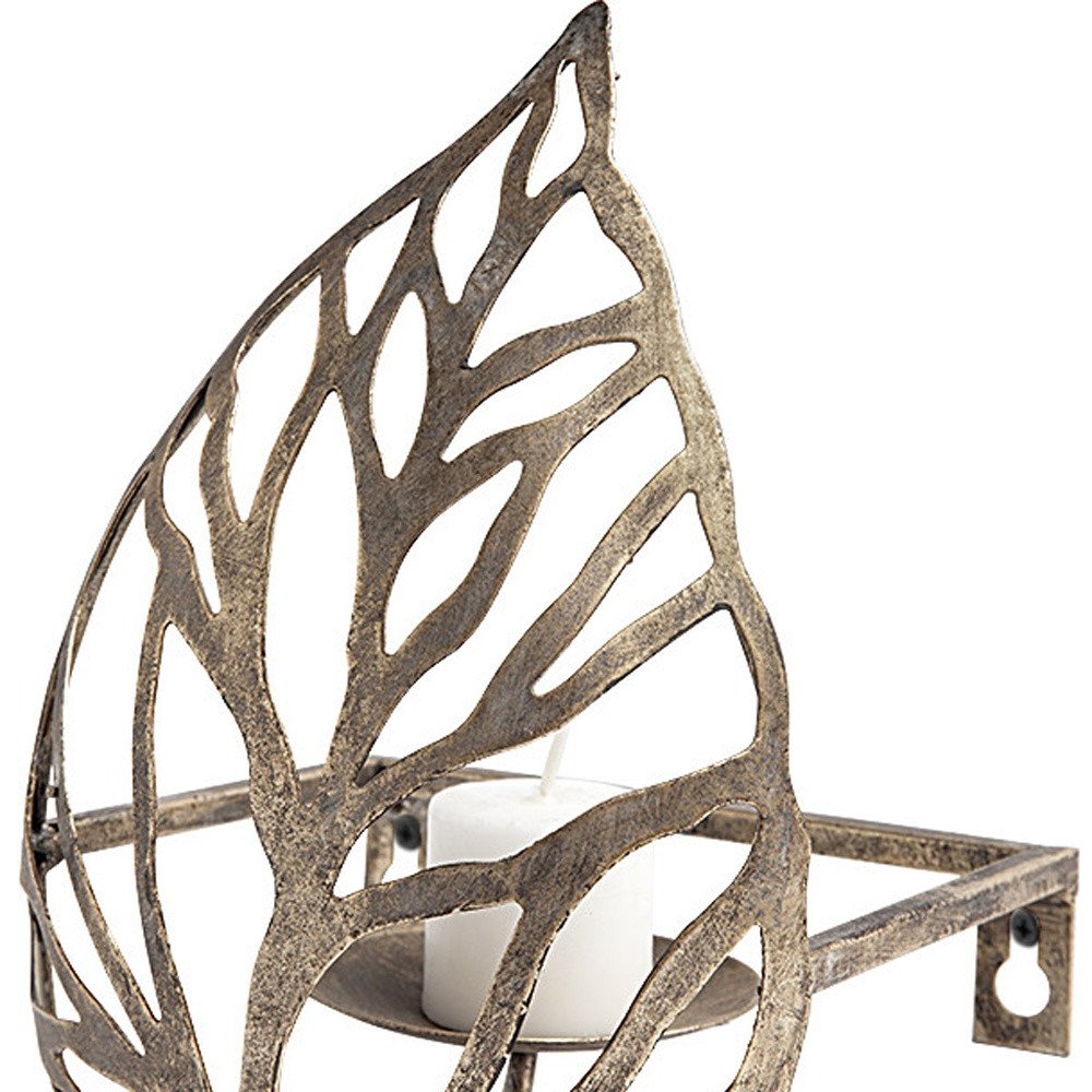 8" Champagne Distressed Botanical Leaf Metal Wall Sconce Candle Holder