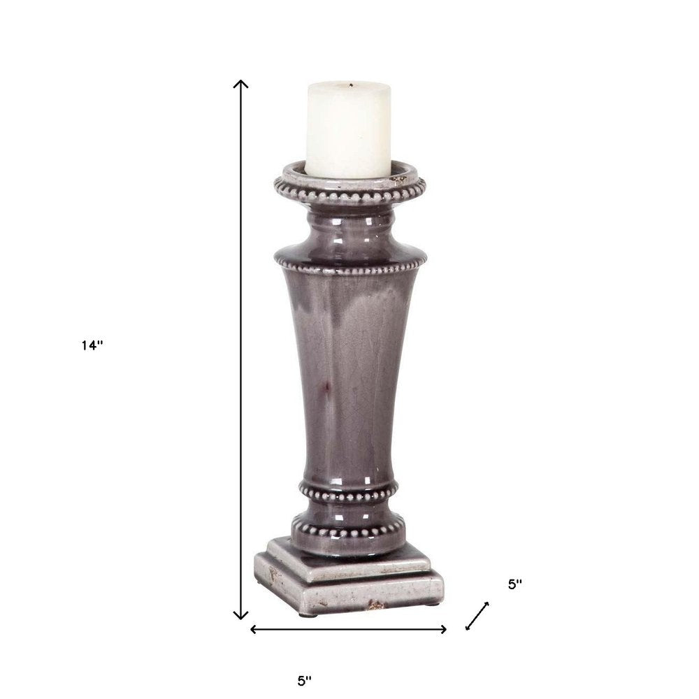 14" Gray Distressed Ornate Ceramic Tabletop Pillar Candle Holder