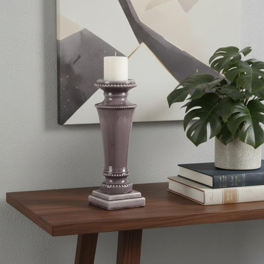 14" Gray Distressed Ornate Ceramic Tabletop Pillar Candle Holder