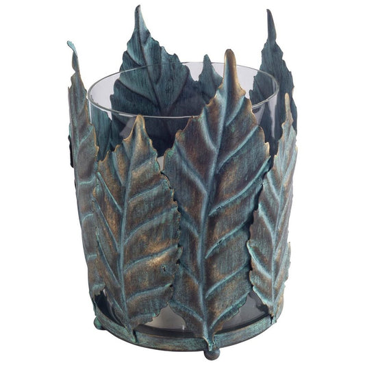 8" Gold Distressed Botanical Leaf Metal And Glass Tabletop Hurricane Candle Holder