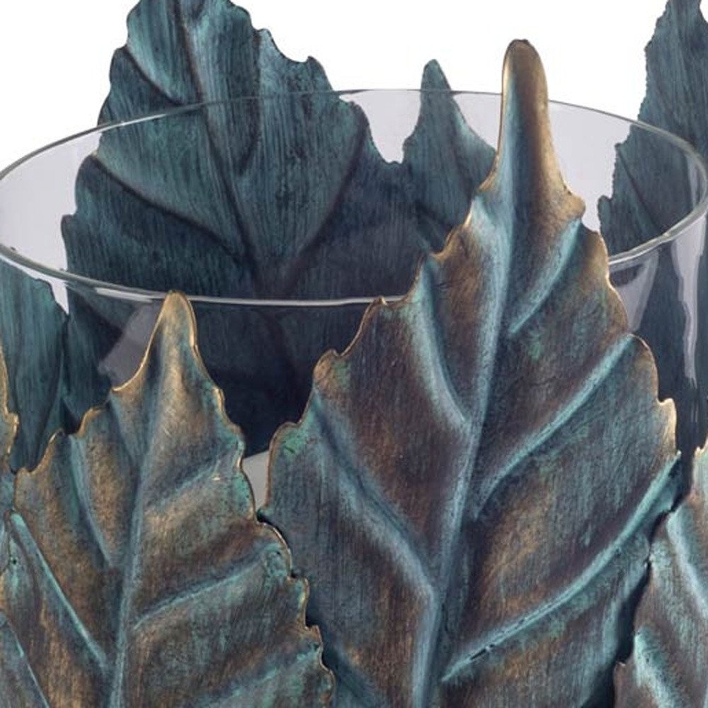 8" Gold Distressed Botanical Leaf Metal And Glass Tabletop Hurricane Candle Holder