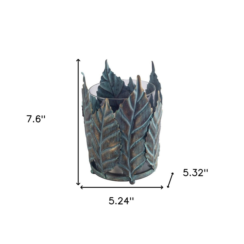 8" Gold Distressed Botanical Leaf Metal And Glass Tabletop Hurricane Candle Holder