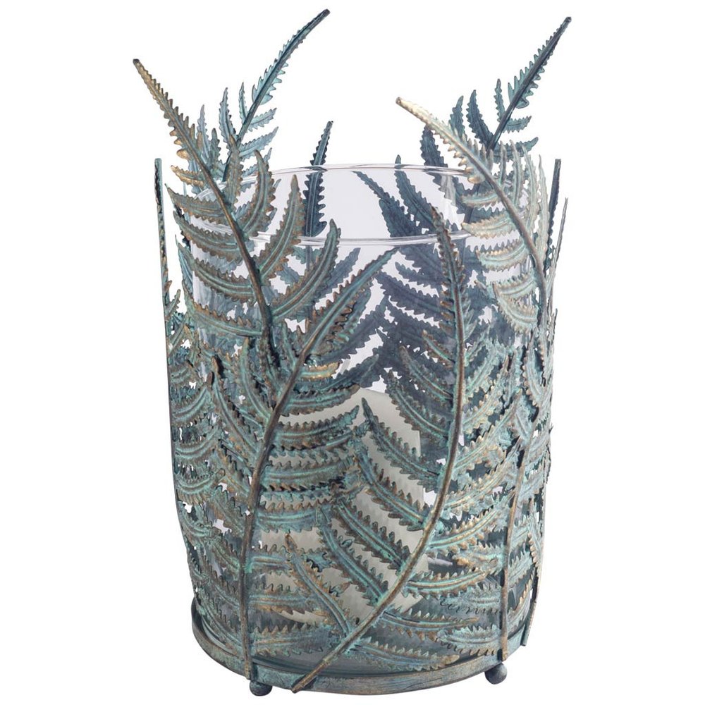11" Green And Gold Distressed Botanical Leaf Metal Tabletop Hurricane Candle Holder