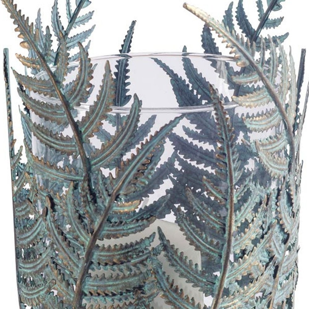 11" Green And Gold Distressed Botanical Leaf Metal Tabletop Hurricane Candle Holder