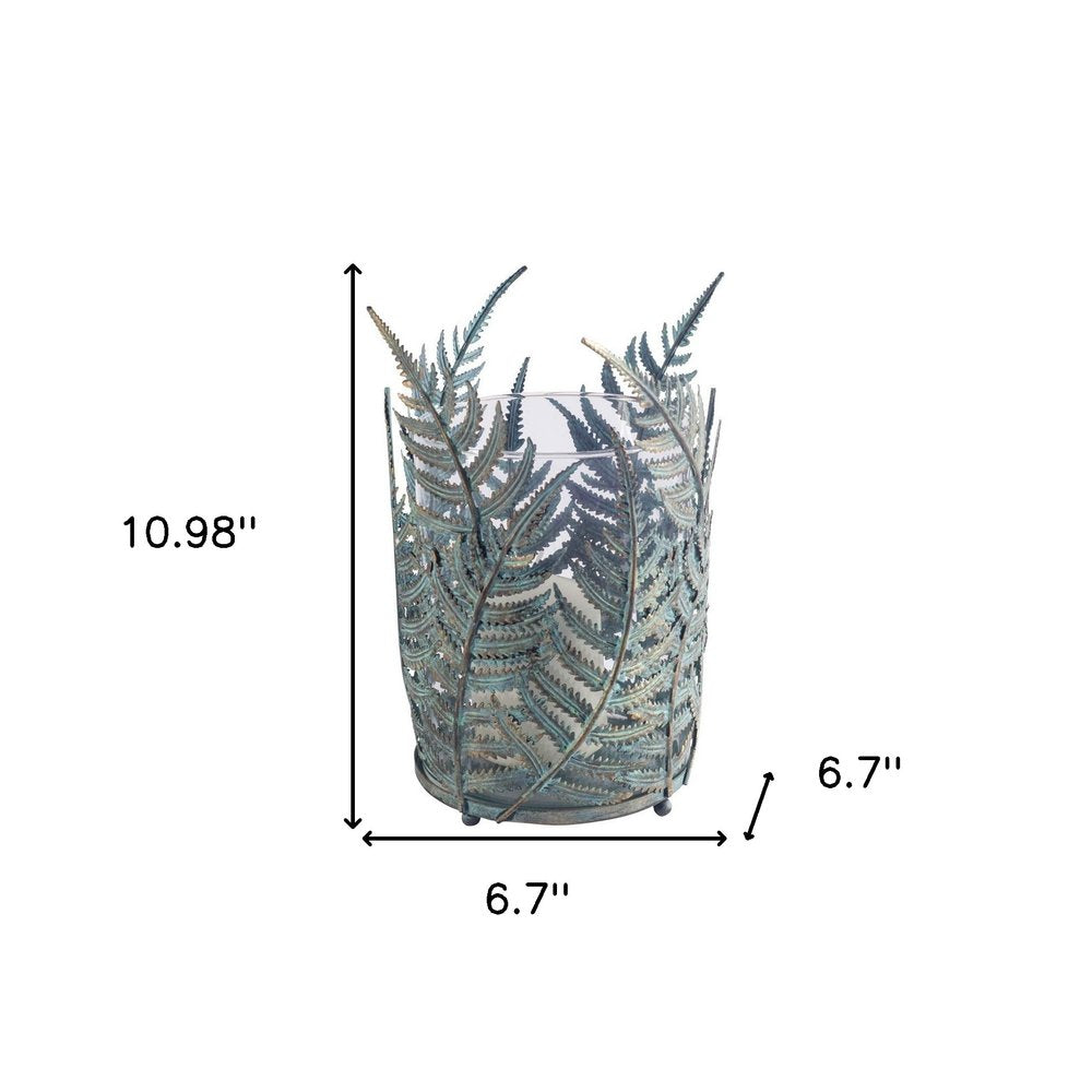 11" Green And Gold Distressed Botanical Leaf Metal Tabletop Hurricane Candle Holder