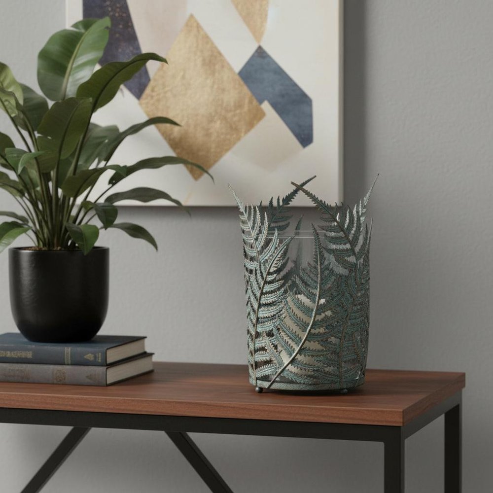 11" Green And Gold Distressed Botanical Leaf Metal Tabletop Hurricane Candle Holder