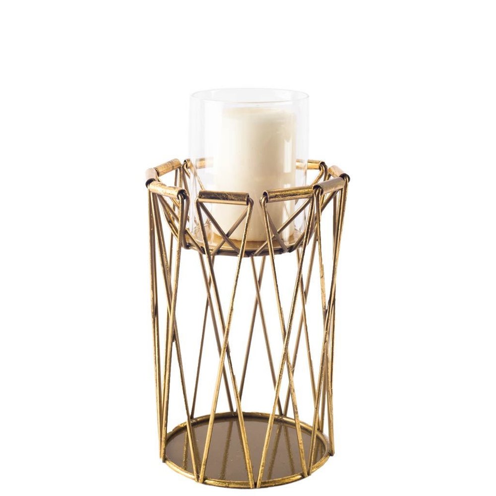 8" Antiqued Brass Distressed Geometric Metal And Glass Tabletop Hurricane Candle Holder