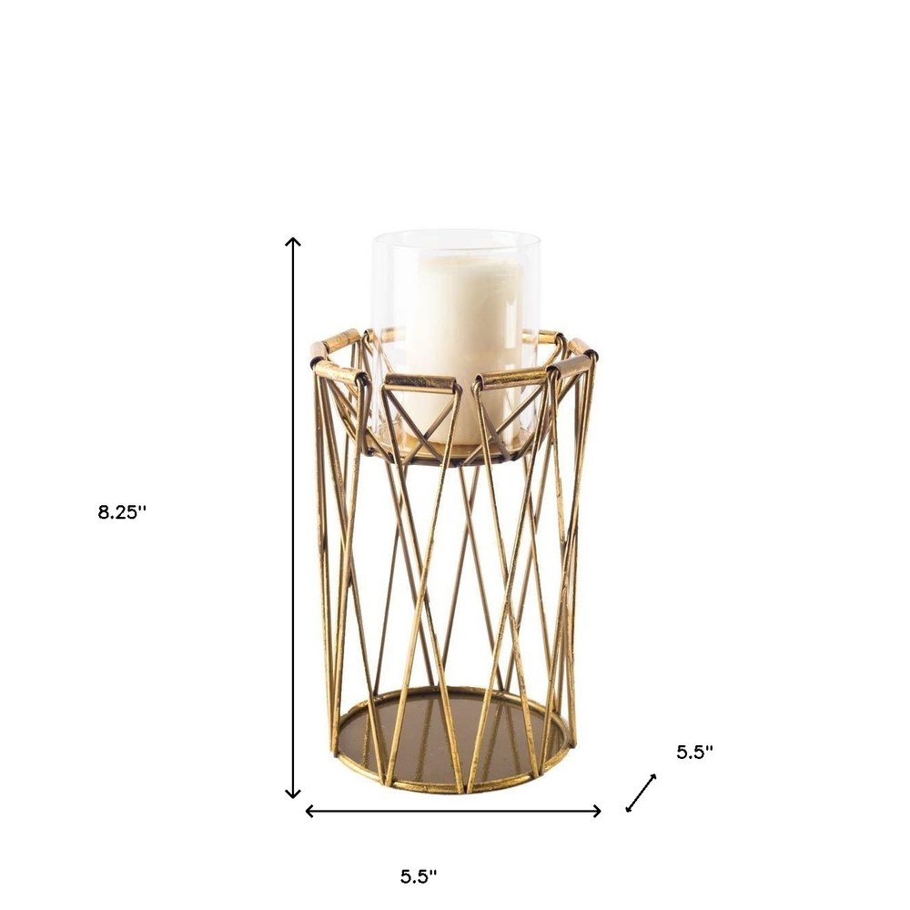 8" Antiqued Brass Distressed Geometric Metal And Glass Tabletop Hurricane Candle Holder