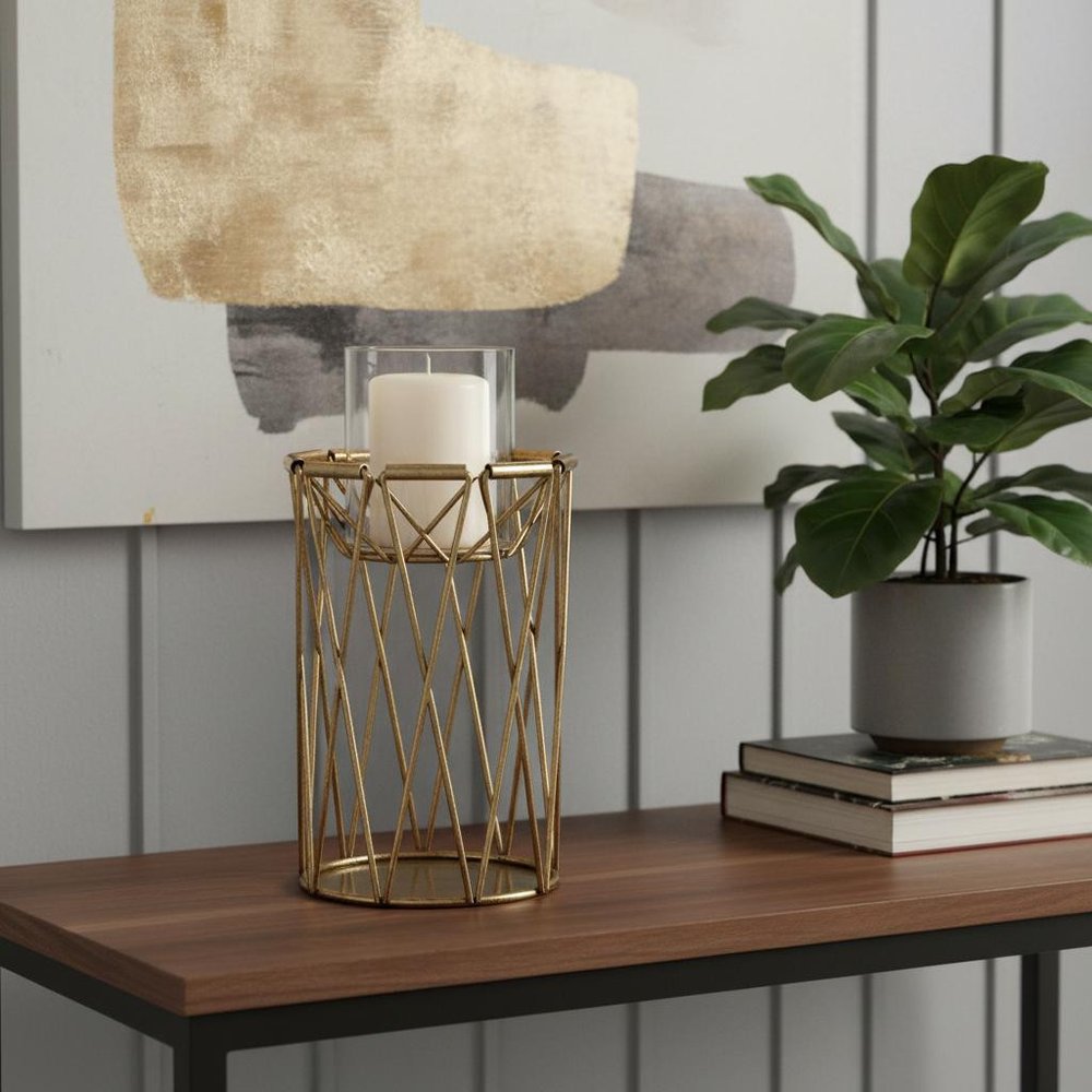 8" Antiqued Brass Distressed Geometric Metal And Glass Tabletop Hurricane Candle Holder