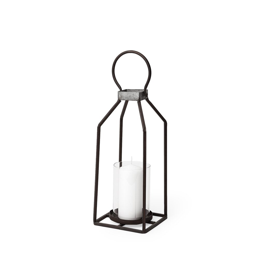 16" Black Distressed Geometric Metal And Glass Tabletop Votive Candle Holder