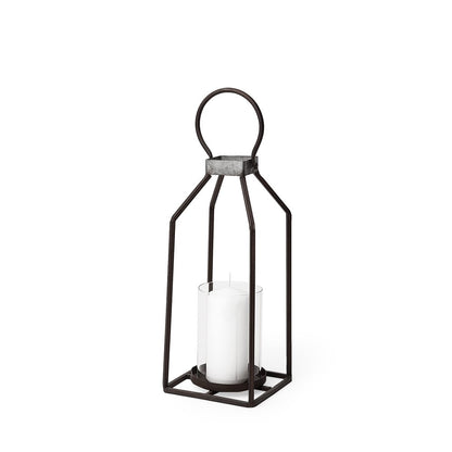 16" Black Distressed Geometric Metal And Glass Tabletop Votive Candle Holder