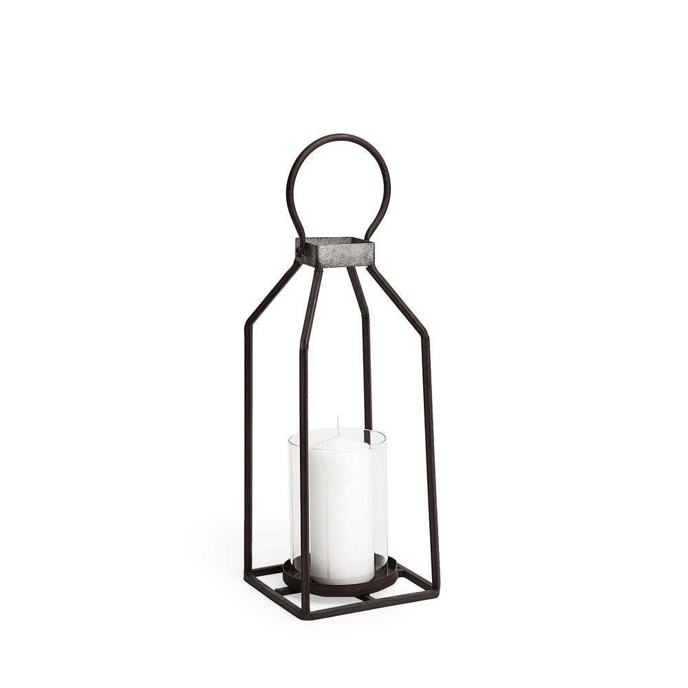 16" Black Distressed Geometric Metal And Glass Tabletop Votive Candle Holder