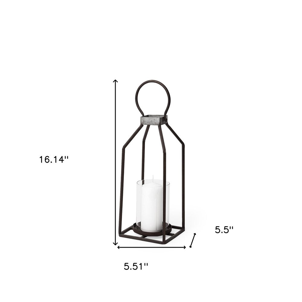 16" Black Distressed Geometric Metal And Glass Tabletop Votive Candle Holder