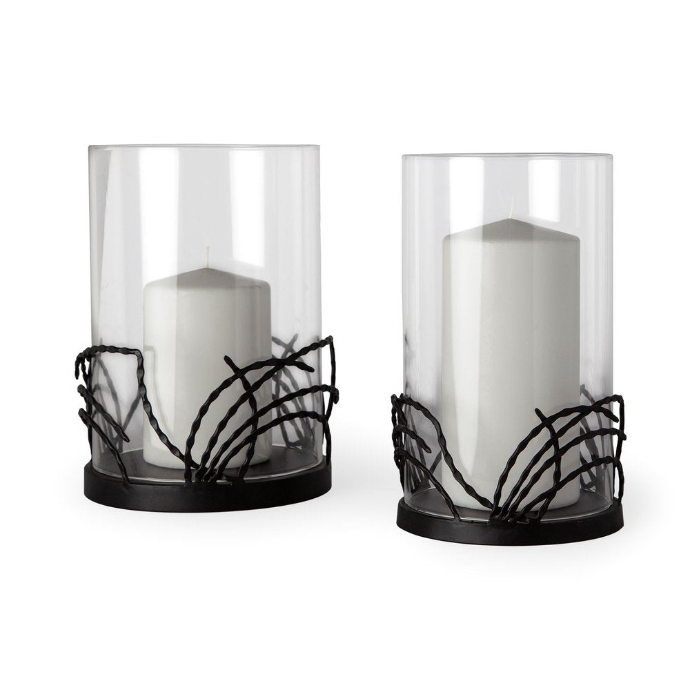 Set of Two Black Botanical Leaf Glass And Metal Tabletop Hurricane Candle Holders