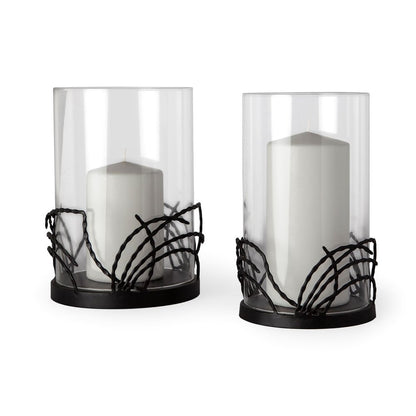 Set of Two Black Botanical Leaf Glass And Metal Tabletop Hurricane Candle Holders