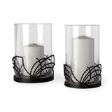 Set of Two Black Botanical Leaf Glass And Metal Tabletop Hurricane Candle Holders