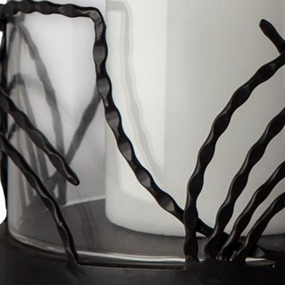 Set of Two Black Botanical Leaf Glass And Metal Tabletop Hurricane Candle Holders