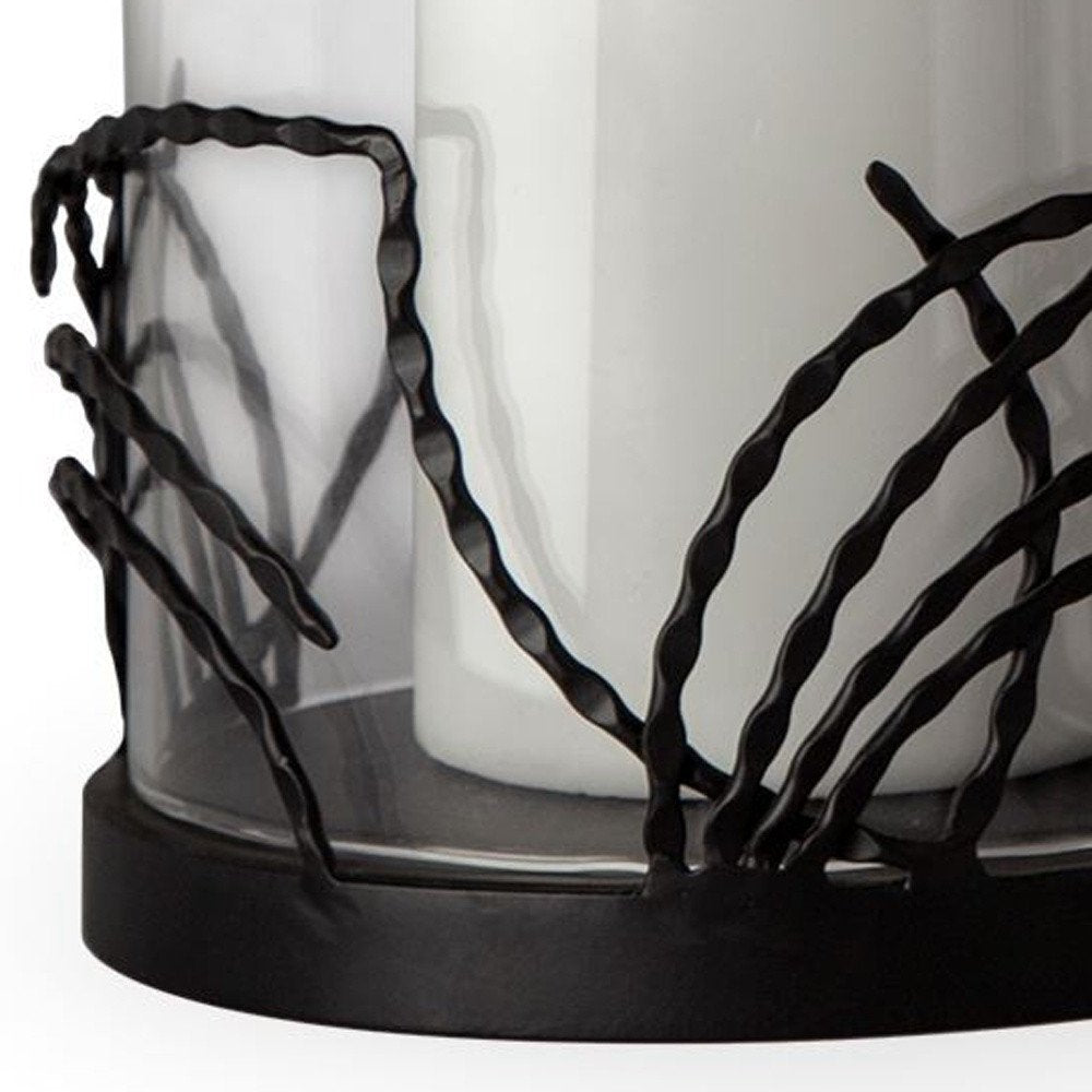 Set of Two Black Botanical Leaf Glass And Metal Tabletop Hurricane Candle Holders