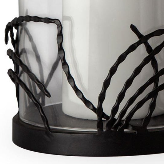 Set of Two Black Botanical Leaf Glass And Metal Tabletop Hurricane Candle Holders