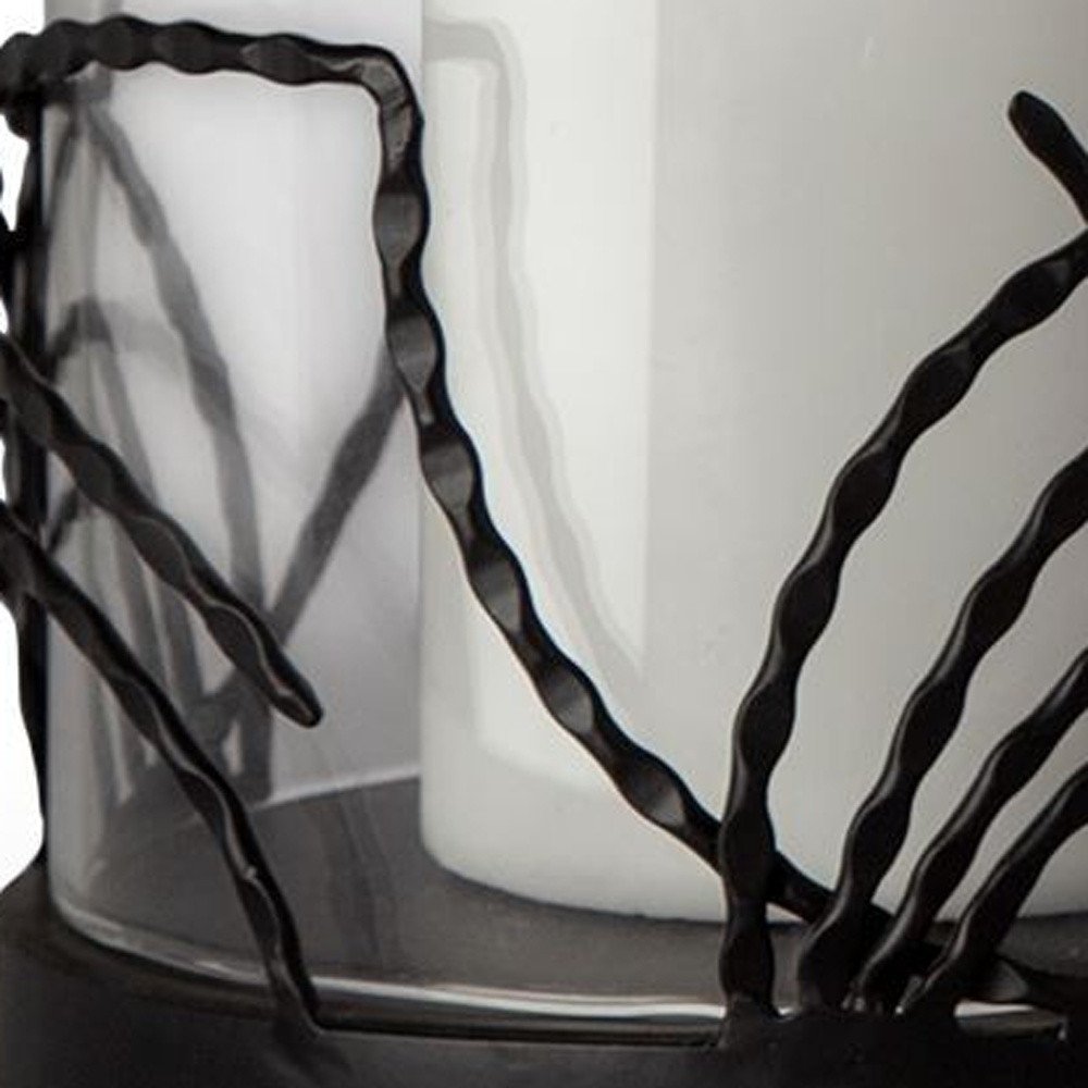 Set of Two Black Botanical Leaf Glass And Metal Tabletop Hurricane Candle Holders