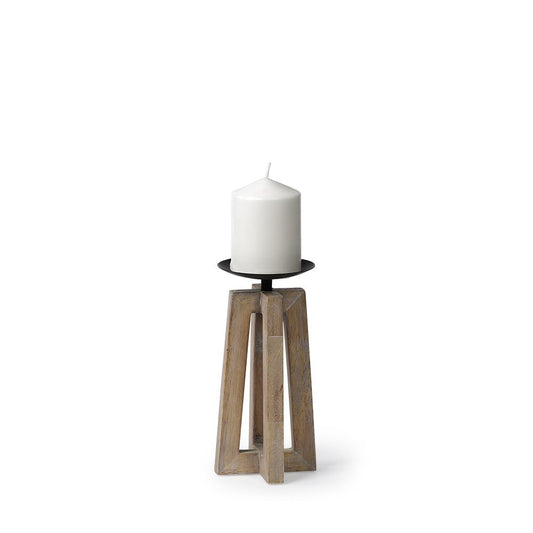 9" Light Brown Distressed Geometric Solid Wood And Metal Tabletop Pillar Candle Holder