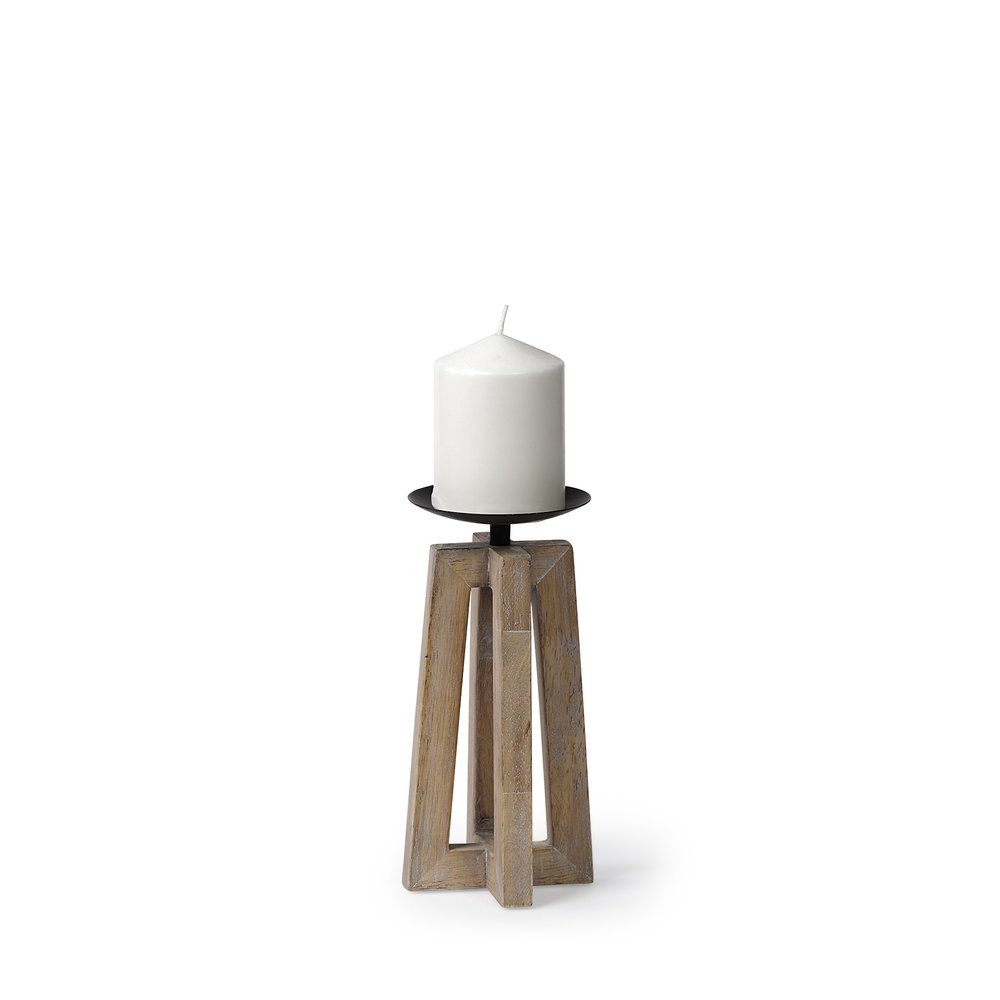 9" Light Brown Distressed Geometric Solid Wood And Metal Tabletop Pillar Candle Holder