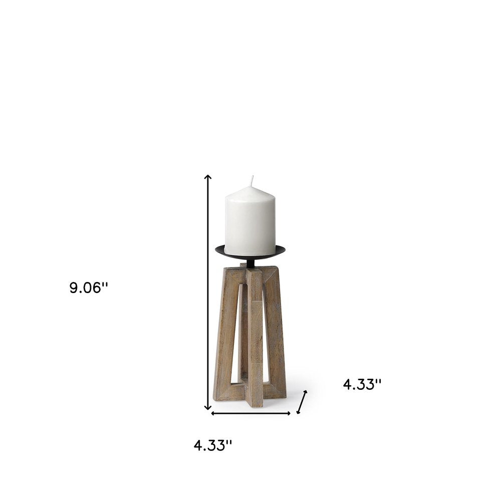 9" Light Brown Distressed Geometric Solid Wood And Metal Tabletop Pillar Candle Holder
