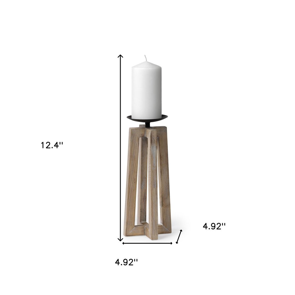 12" Light Brown Distressed Geometric Solid Wood And Metal Tabletop Pillar Candle Holder